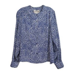 Vintage Castleberry Button-Up Women's Blouse, Sz‎ 14, Blue White Spots, Belt/Tie
